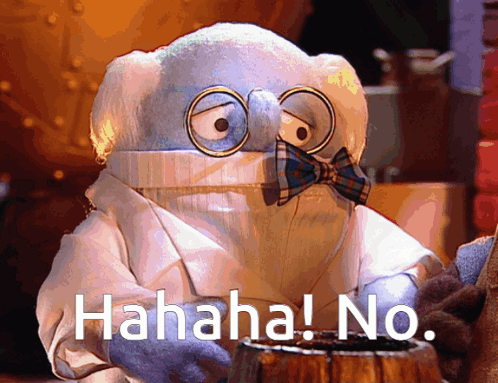 A Cartoon Character With Glasses And A Bow Tie Says '  Hahaha No ' GIF