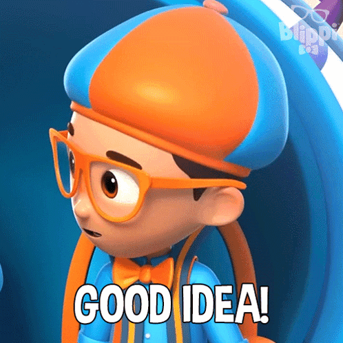 A Cartoon Character With Glasses And A Hat That Says Good Idea GIF