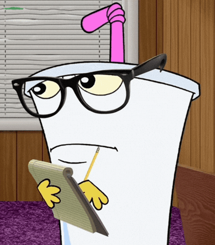 Cartoon Character With Glasses And Pink Straw Holding Notepad GIF