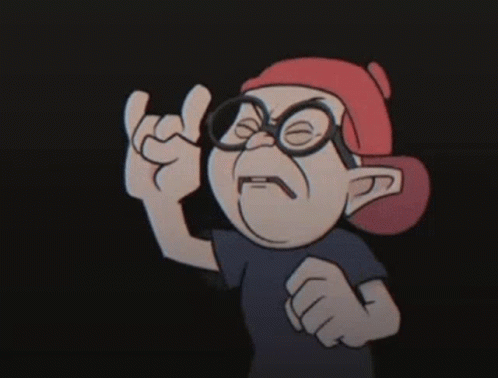 A Cartoon Character With Glasses And A Red Hat Is Making A Devil Horns Sign GIF