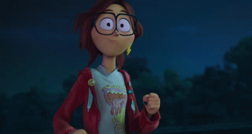a cartoon character with glasses and a red jacket reaches out her hand
