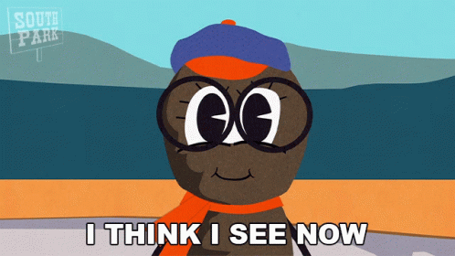 A Cartoon Character With Glasses And A Scarf Says " I Think I See Now " GIF