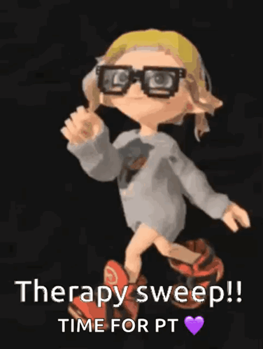 A Cartoon Character With Glasses And A Sweater Says Therapy Sweep !! Time For Pt GIF