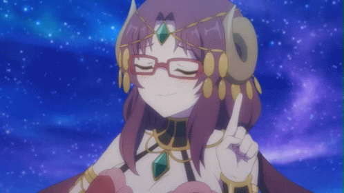 A Cartoon Character With Glasses And Horns Is Pointing Up GIF