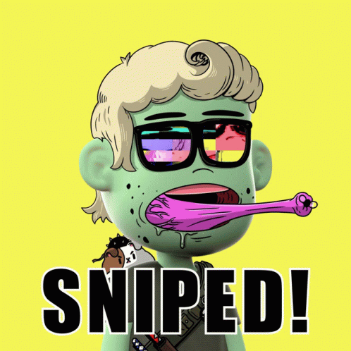 A Cartoon Character With Glasses And The Word Sniped In Black Letters GIF