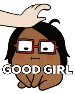 a cartoon character with glasses is being patted by a hand that says good girl