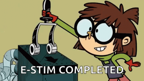 A Cartoon Character With Glasses Is Holding A Device With The Words " E-Stim Completed " Above Her GIF