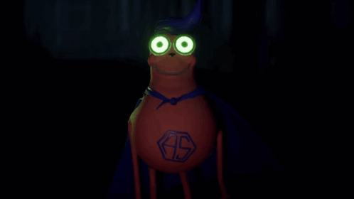 a cartoon character with glowing eyes and a cape that says sb