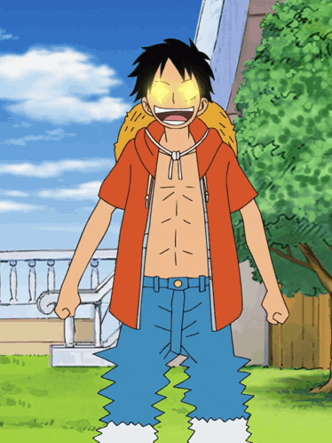 A Cartoon Character With Glowing Eyes Is Standing In A Grassy Area GIF