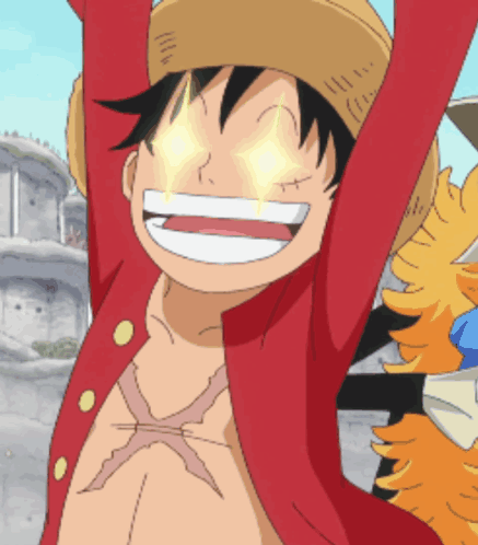 A Cartoon Character With Glowing Eyes Is Wearing A Straw Hat And A Red Jacket GIF