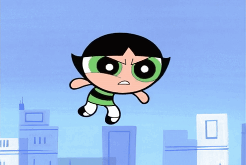 A Cartoon Character With Green Eyes And Black Hair Is Flying Through The Air GIF