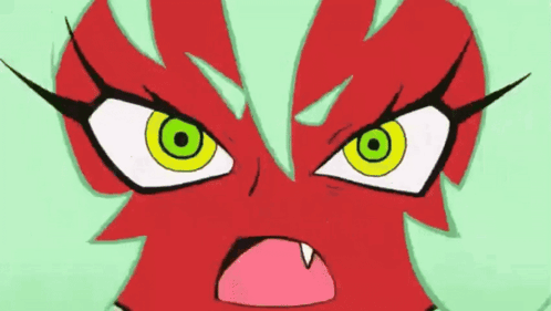 a cartoon character with green eyes and red hair