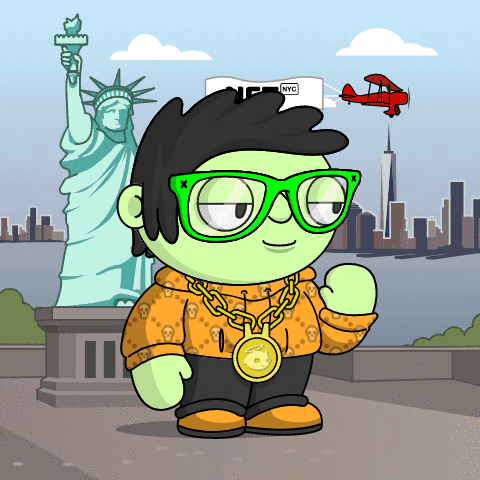 A Cartoon Character With Green Glasses And A Gold Necklace Is Standing In Front Of The Statue Of Liberty GIF
