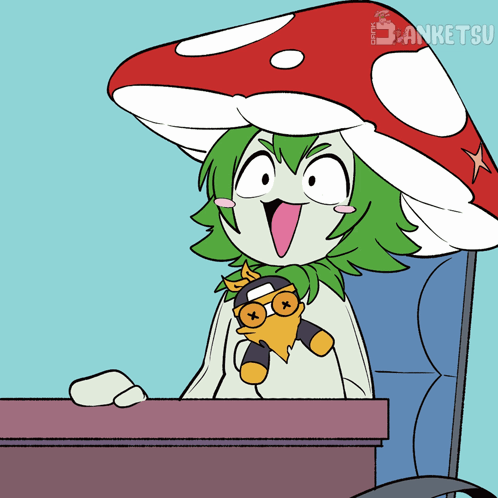 A Cartoon Character With Green Hair And A Mushroom Hat Is Sitting At A Desk With A Stuffed Animal GIF