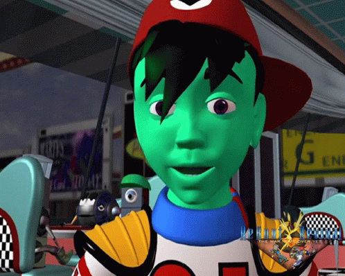 A Cartoon Character With Green Hair And A Red Hat Stands In Front Of A Sign That Says Toys GIF