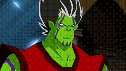 A Cartoon Character With Green Hair And A Red Shirt Is Standing In Front Of A Blue Sphere . GIF