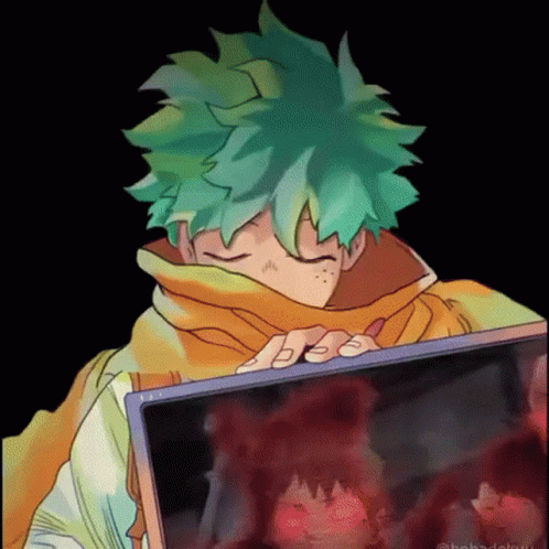 A Cartoon Character With Green Hair And A Scarf Around His Neck Is Holding A Laptop . GIF
