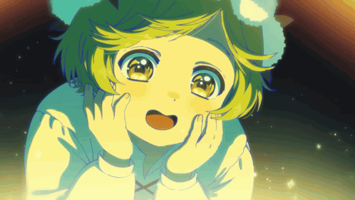 A Cartoon Character With Green Hair And Blue Ears Looks Surprised GIF