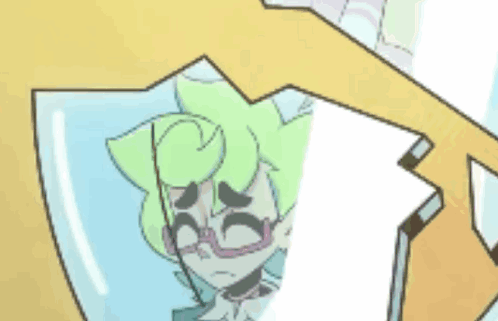 A Cartoon Character With Green Hair And Glasses Is Looking Out Of A Glass Shield . GIF