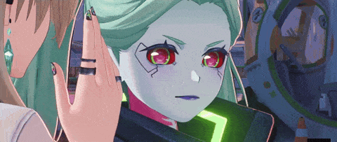 A Cartoon Character With Green Hair And Red Eyes Has The Number 7 On Her Face GIF