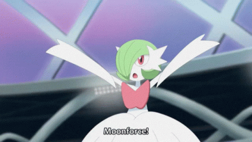 A Cartoon Character With Green Hair And White Wings Says Moonforce In White Letters GIF