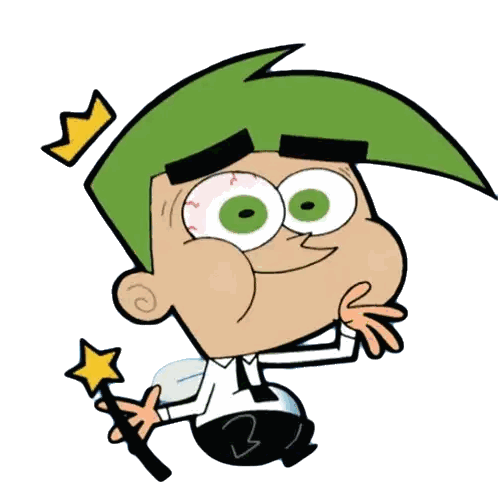 a cartoon character with green hair holding a wand and a crown on his head