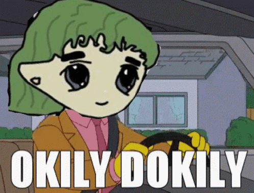 A Cartoon Character With Green Hair Is Driving A Car With The Words Okly Dokily Written On The Bottom GIF