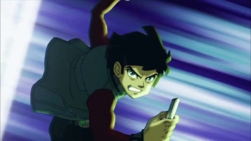A Cartoon Character With Green Hair Is Holding A Cell Phone In His Hand GIF