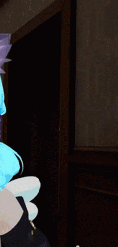 A Cartoon Character With Green Hair Is Peeking Out Of A Door GIF