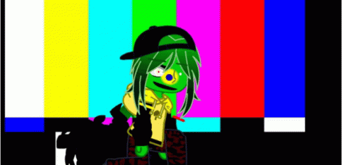 A Cartoon Character With Green Hair Is Sitting In Front Of A Colorful Background . GIF