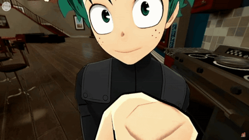 A Cartoon Character With Green Hair Is Standing In A Kitchen With A Clock On The Wall GIF
