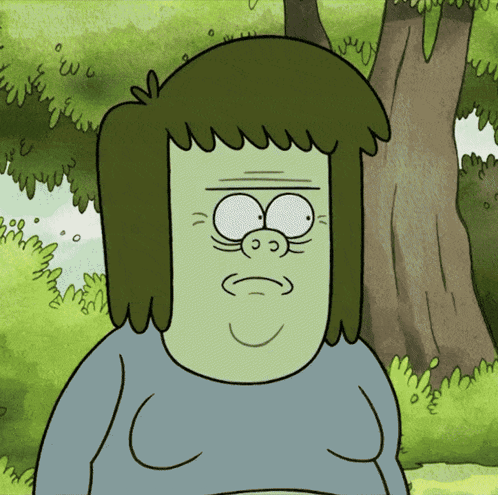 A Cartoon Character With Green Hair Is Standing In Front Of Trees GIF