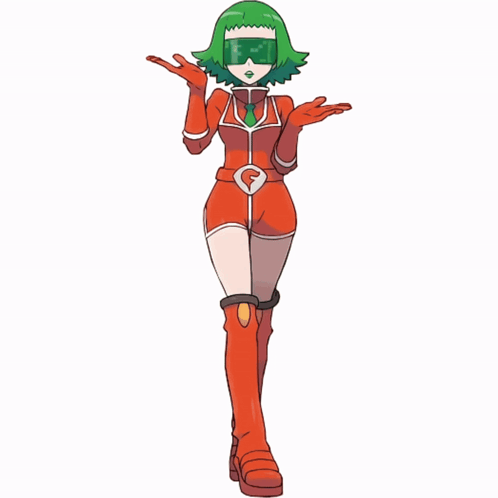 a cartoon character with green hair is wearing a red outfit with the letter f on it