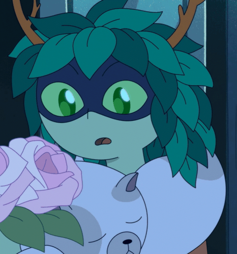 A Cartoon Character With Green Leaves On Her Head GIF