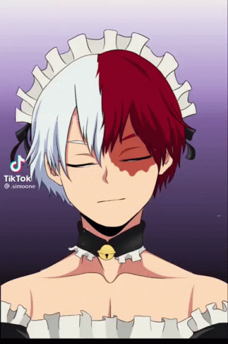 A Cartoon Character With Half Red And Half White Hair Is Wearing A Maid Outfit GIF