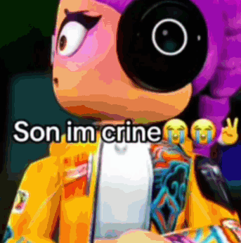 A Cartoon Character With Headphones And The Words Son Im Crine On The Bottom GIF