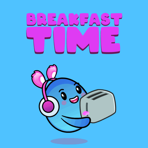 A Cartoon Character With Headphones Is Holding A Toaster And The Words Breakfast Time Are Above It GIF