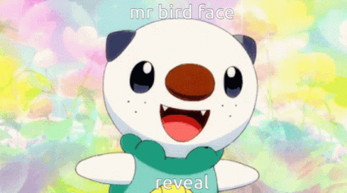 A Cartoon Character With Heart Shaped Eyes And The Words Mr Bird Face Reveal Behind Him GIF