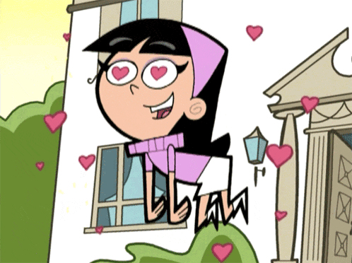 A Cartoon Character With Hearts In Her Eyes Is Standing In Front Of A Building With Hearts Flying Around Her GIF