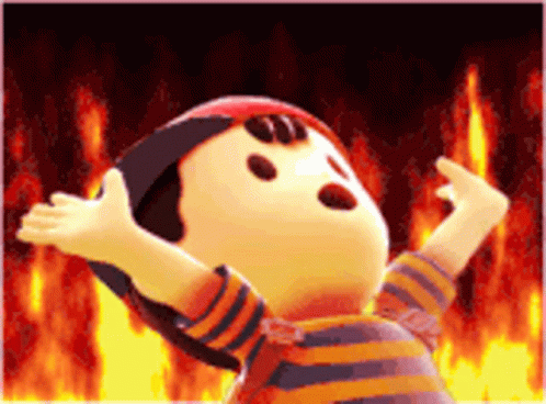 A Cartoon Character With His Arms Outstretched In Front Of A Fire Background . GIF