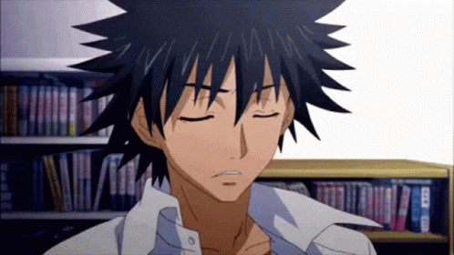 A Cartoon Character With His Eyes Closed Stands In Front Of A Bookshelf Full Of Books GIF
