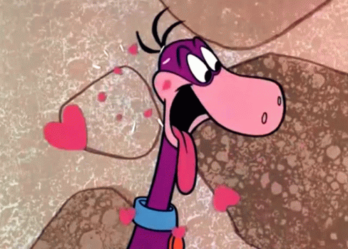 A Cartoon Character With His Tongue Hanging Out And Hearts Coming Out Of His Mouth GIF