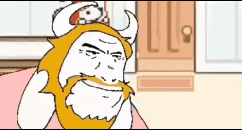A Cartoon Character With Horns And A Beard Is Smiling GIF