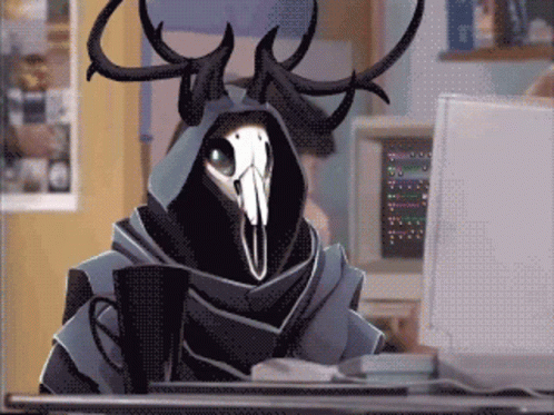A Cartoon Character With Horns And A Skull On His Face Is Sitting At A Desk With A Cup Of Coffee GIF