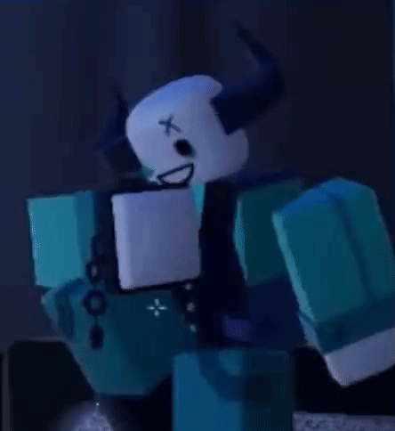 a cartoon character with horns and a skull on his head is standing in a dark room .