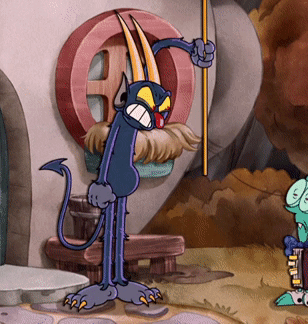 A Cartoon Character With Horns And A Tail Is Holding A Pole GIF