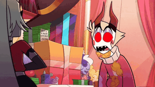 A Cartoon Character With Horns And Red Eyes Is Standing Next To A Woman In A Room . GIF