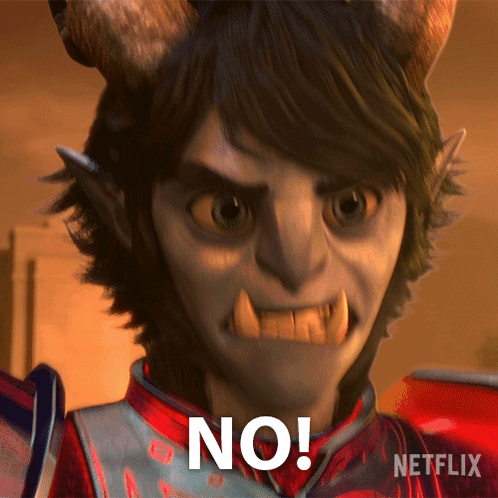 A Cartoon Character With Horns And Teeth Is Saying No GIF