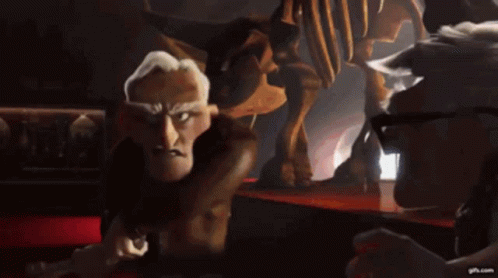 A Cartoon Character With Horns Is Standing In Front Of A Dinosaur Skeleton In A Museum . GIF