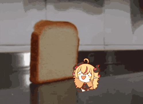 A Cartoon Character With Horns Is Standing Next To A Piece Of Bread GIF